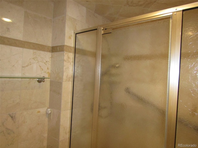 bathroom with a shower with door