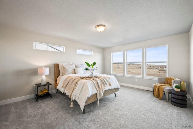 bedroom featuring a textured ceiling, carpet floors, and baseboards