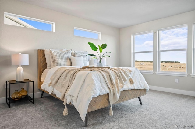 carpeted bedroom featuring multiple windows and baseboards