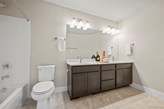 full bathroom featuring toilet, shower / tub combination, double vanity, and a sink