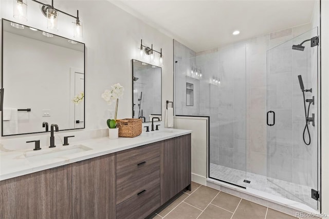 1715 Grove St, Denver, CO 80204 - full bath featuring double vanity, tile patterned floors, a stall shower, and recessed lighting