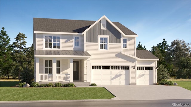 view of front facade featuring a standing seam roof, covered porch, driveway, board and batten siding, and a front yard