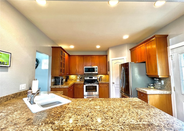 kitchen featuring kitchen peninsula, appliances with stainless steel finishes, a wealth of natural light, and sink