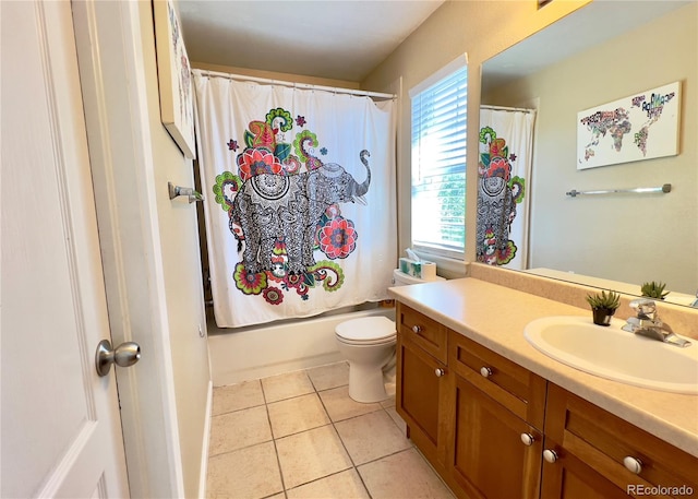 full bathroom with tile patterned floors, vanity, shower / bath combo, and toilet