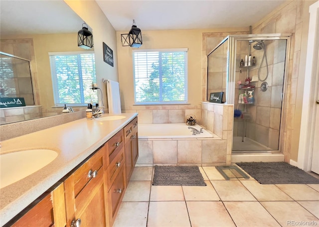 bathroom with tile patterned flooring, plenty of natural light, and plus walk in shower