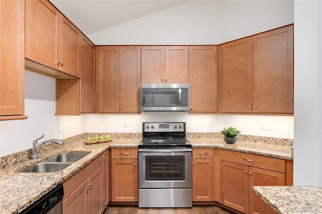 804 Summer Hawk Dr Unit 7301, Longmont, CO 80504 - kitchen with vaulted ceiling, light stone counters, a sink, stainless steel appliances, and dark wood-type flooring