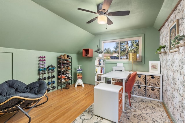 377 Homestead Rd, Bailey, CO 80421 - office space featuring wood finished floors, a ceiling fan, and vaulted ceiling