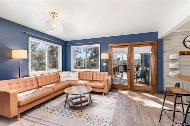 377 Homestead Rd, Bailey, CO 80421 - living area featuring plenty of natural light, wood finished floors, french doors, and wooden walls