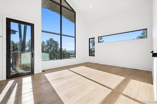 spare room featuring wood-type flooring, high vaulted ceiling, and a wealth of natural light