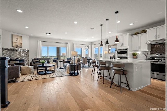 13410 New Ranch Dr, Peyton, CO 80831 - kitchen featuring appliances with stainless steel finishes, under cabinet range hood, open floor plan, recessed lighting, and light wood-style flooring