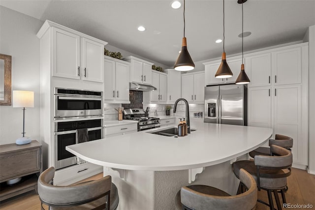 13410 New Ranch Dr, Peyton, CO 80831 - kitchen featuring appliances with stainless steel finishes, a sink, under cabinet range hood, light wood-type flooring, and white cabinets