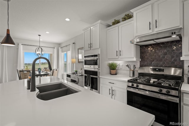 13410 New Ranch Dr, Peyton, CO 80831 - kitchen featuring appliances with stainless steel finishes, under cabinet range hood, a sink, light countertops, and tasteful backsplash