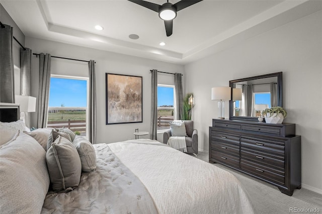 13410 New Ranch Dr, Peyton, CO 80831 - bedroom featuring baseboards, carpet, recessed lighting, ceiling fan, and a raised ceiling