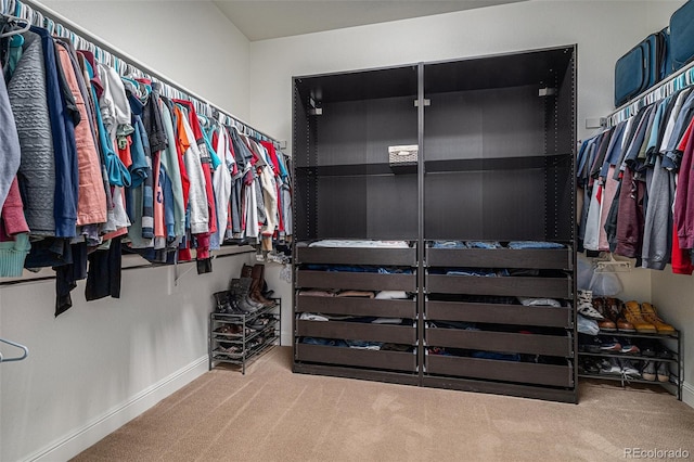 walk in closet with carpet