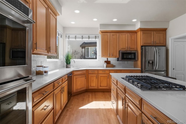 kitchen featuring backsplash, light wood-type flooring, appliances with stainless steel finishes, and a sink