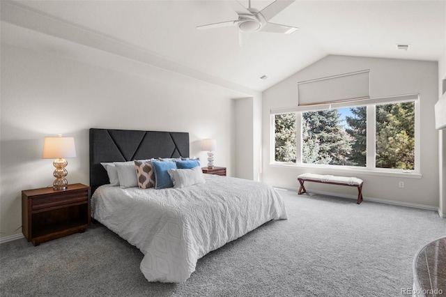 bedroom with a ceiling fan, baseboards, visible vents, lofted ceiling, and carpet flooring