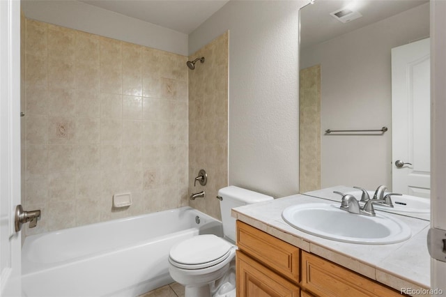 full bath featuring vanity, toilet, visible vents, and shower / washtub combination