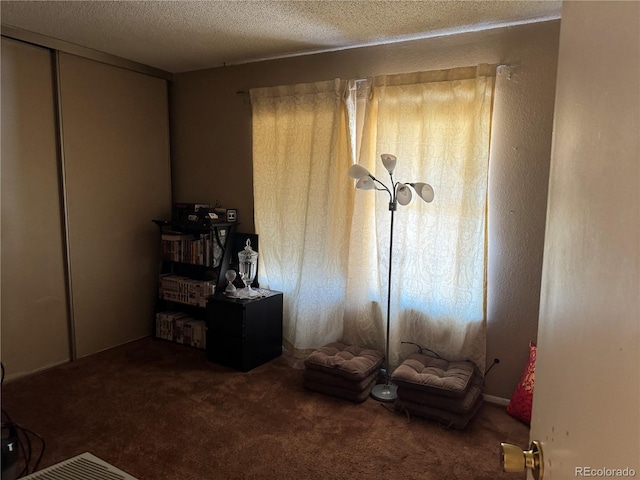 sitting room with carpet flooring and a textured ceiling