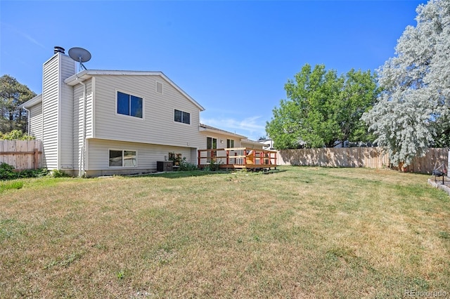 18527 E Kansas Pl, Aurora, CO 80017 - rear view of property featuring a fenced backyard, a deck, and a chimney