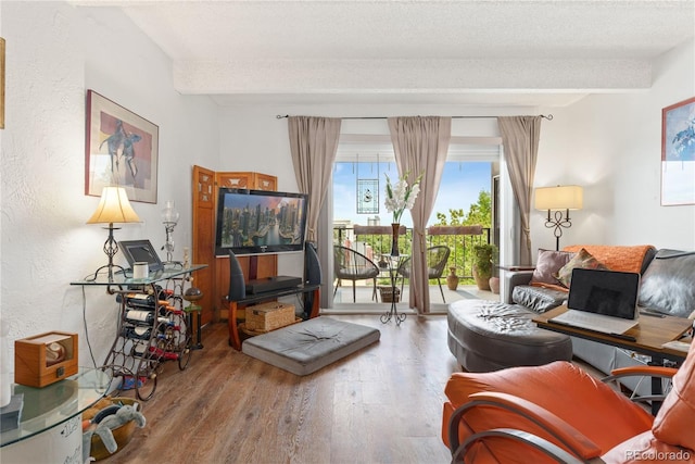 living room featuring hardwood / wood-style flooring and a textured ceiling