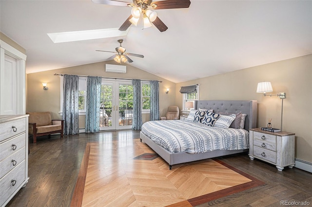 726 S Corona St, Denver, CO 80209 - bedroom featuring access to exterior, french doors, lofted ceiling, a skylight, and an AC wall unit