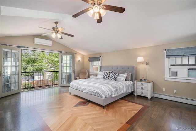 726 S Corona St, Denver, CO 80209 - bedroom featuring access to exterior, baseboard heating, a wall unit AC, vaulted ceiling, and a ceiling fan