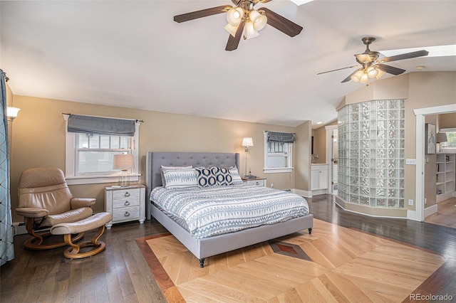 726 S Corona St, Denver, CO 80209 - bedroom featuring vaulted ceiling, wood finished floors, ceiling fan, and baseboards