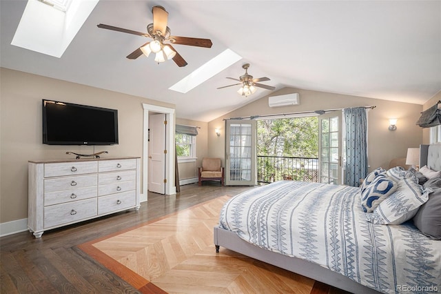 726 S Corona St, Denver, CO 80209 - bedroom with a skylight, an AC wall unit, lofted ceiling, a baseboard heating unit, and access to exterior