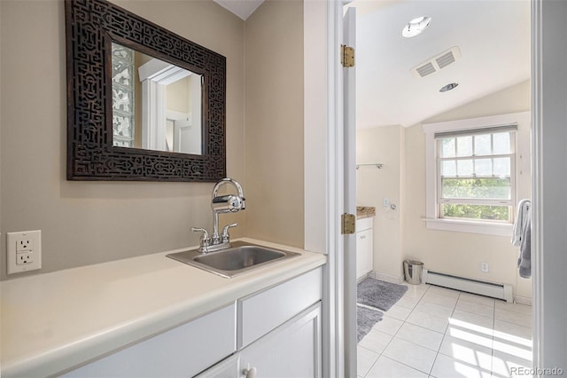 726 S Corona St, Denver, CO 80209 - bathroom with a baseboard radiator, vaulted ceiling, vanity, tile patterned floors, and baseboards