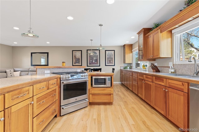 kitchen featuring light wood finished floors, recessed lighting, appliances with stainless steel finishes, and a sink