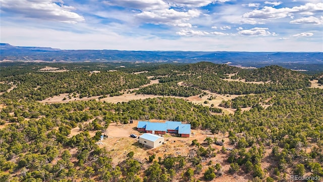 bird's eye view featuring a mountain view and a wooded view