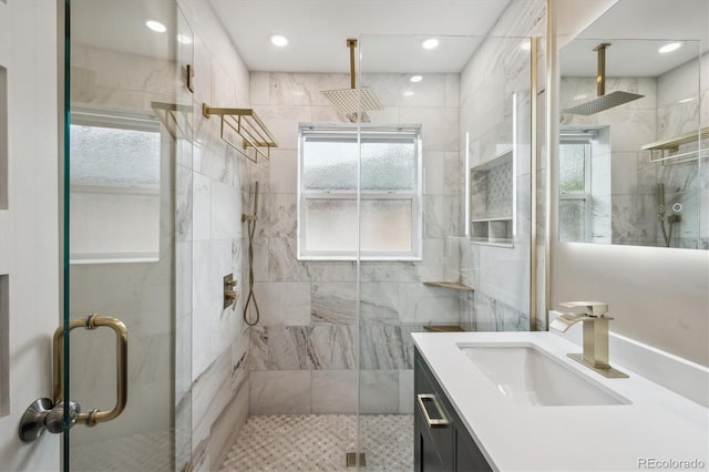 2664 Forest St, Denver, CO 80207 - bathroom with plenty of natural light, vanity, and a stall shower