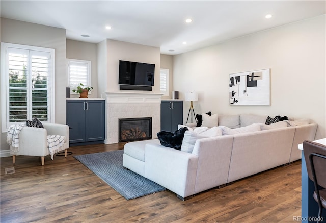 295 Jersey St, Denver, CO 80220 - living room featuring a fireplace, recessed lighting, and dark wood-type flooring