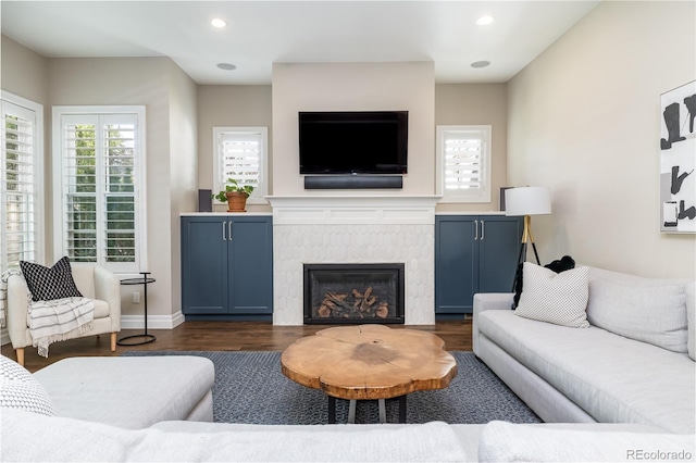 295 Jersey St, Denver, CO 80220 - living area featuring dark wood-style flooring, baseboards, recessed lighting, and a tile fireplace