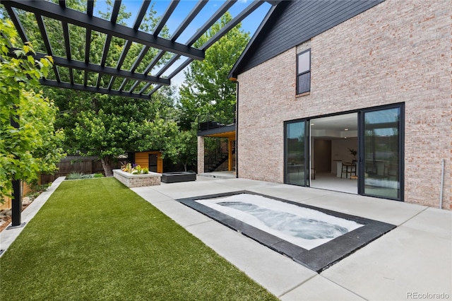 9161 W Lake Dr, Littleton, CO 80123 - fenced backyard featuring an in-ground hot tub, a patio area, stairway, and a pergola