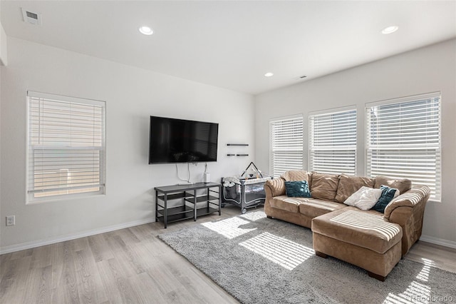 living room with light hardwood / wood-style flooring