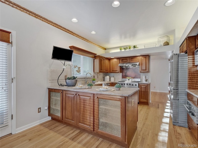 kitchen featuring premium appliances, light wood-type flooring, kitchen peninsula, and tasteful backsplash