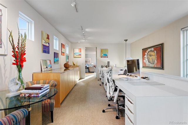 home office with light carpet and rail lighting