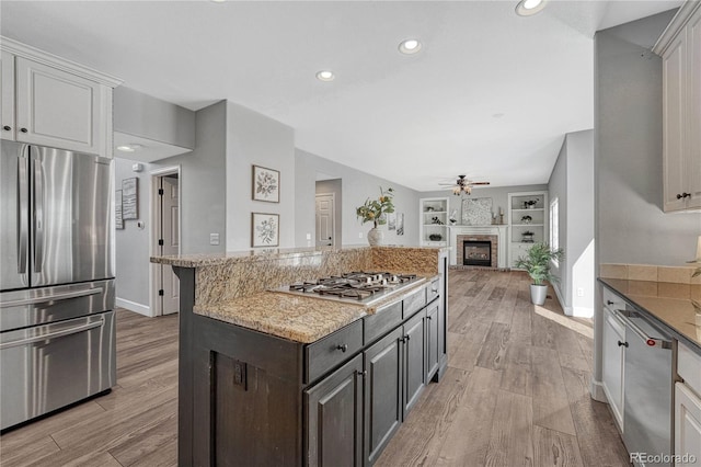 kitchen featuring stainless steel appliances, a fireplace, light wood finished floors, and a ceiling fan