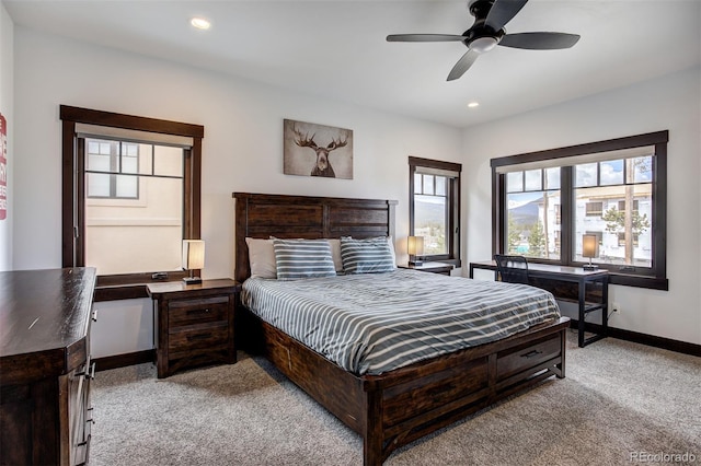 200 Quill, Fraser, CO 80442 - bedroom with light colored carpet, baseboards, a ceiling fan, and recessed lighting