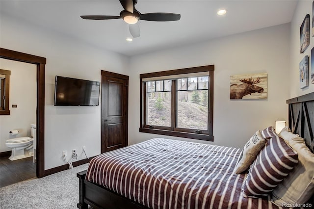 200 Quill, Fraser, CO 80442 - carpeted bedroom featuring baseboards, connected bathroom, recessed lighting, and ceiling fan