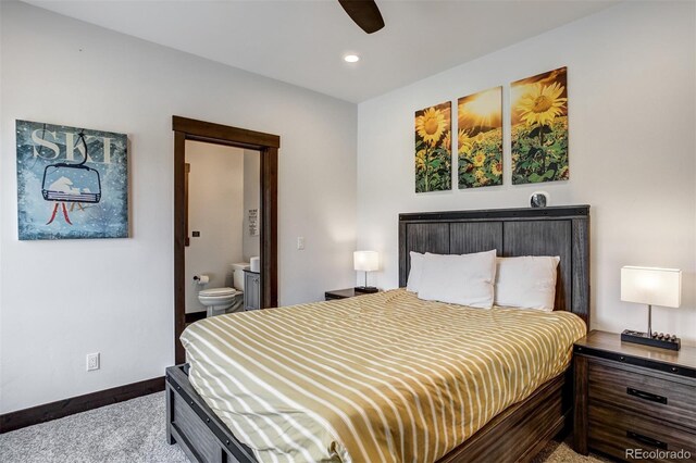 200 Quill, Fraser, CO 80442 - carpeted bedroom with baseboards, ensuite bath, recessed lighting, and a ceiling fan