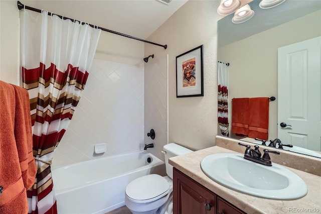 full bathroom featuring a textured wall, toilet, vanity, and shower / bath combination with curtain