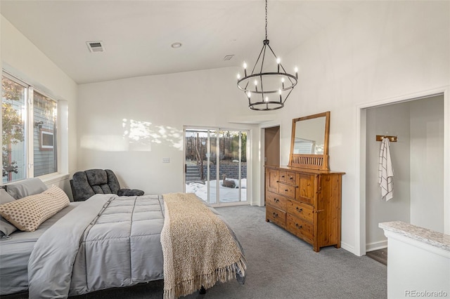 bedroom featuring access to exterior, carpet floors, a chandelier, and lofted ceiling