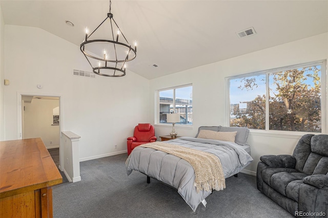 bedroom with dark carpet, vaulted ceiling, and a notable chandelier