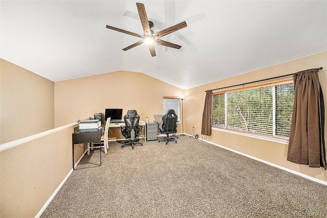 10289 Dresden St, Firestone, CO 80504 - office featuring ceiling fan, baseboards, carpet floors, and vaulted ceiling