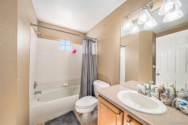 10289 Dresden St, Firestone, CO 80504 - bathroom featuring a textured wall, toilet, shower / bathtub combination with curtain, and vanity