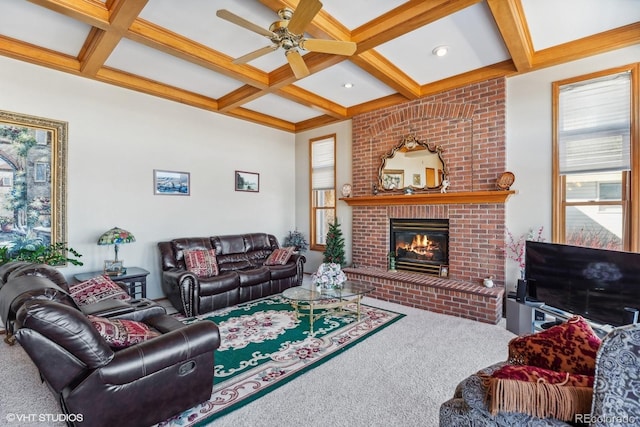 carpeted living area with a healthy amount of sunlight, a fireplace, coffered ceiling, and beamed ceiling