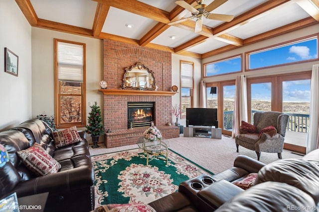 carpeted living area with beamed ceiling, a brick fireplace, and coffered ceiling