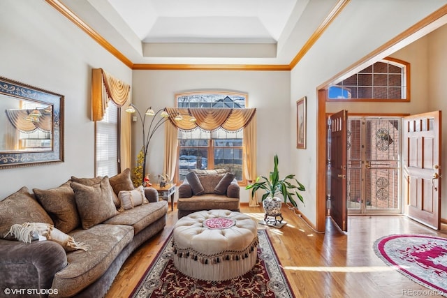 living room with crown molding, a high ceiling, a raised ceiling, and wood finished floors